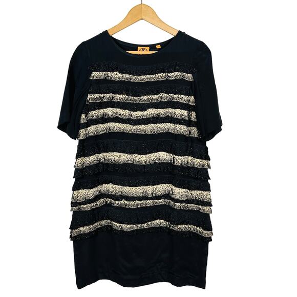 Tory Burch Beaded Silk Dress Tiered Sheath Black Tan Short Sleeve Heavy - 6 - Picture 4 of 11